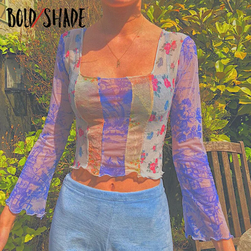 

Bold Shade Patchwork Flare Sleeve Tee Shirts Fairy Core Fashion Mesh Printing Cropped Top Autumn Indie Aesthetic T-shirt 2021