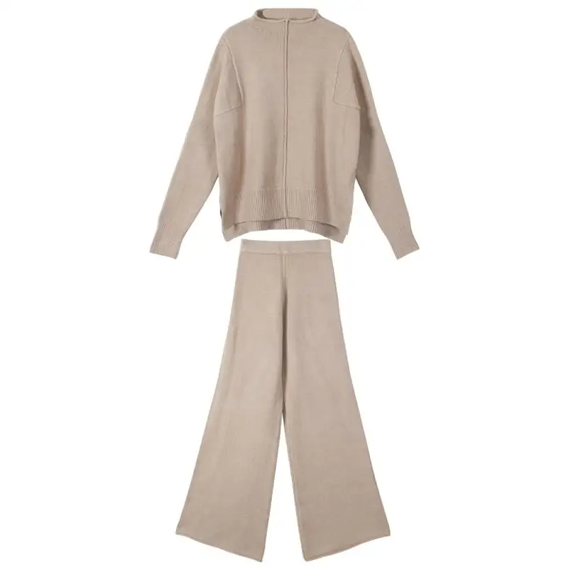 

2021 New Autumn Winter Two Piece Set Women Knitted Suit Loose Solid Sweater +High Waist Wide Legs Pants Suit Tracksuit Trousers