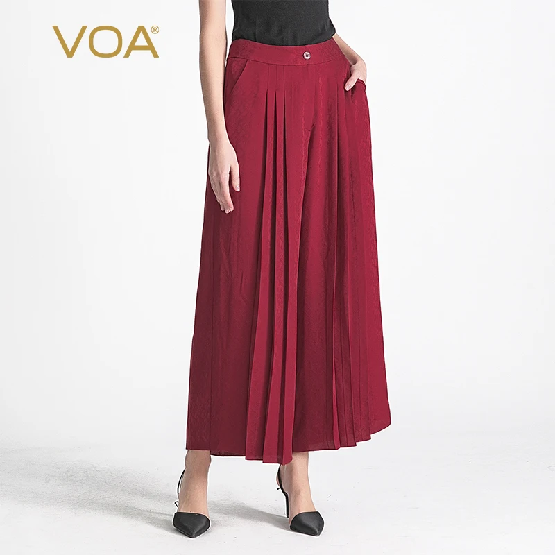 

VOA 22m/m Silk Wine Red Dark Jacquard Natural Waist Buckle Fold Fashion Elegant Joker Wide Leg Trousers K57 Pants for Women