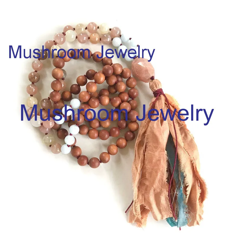 Natural Jewelry Boho Women108 Mala Wood Bead And Sunstone Bead Sari Silk Tassel Necklace