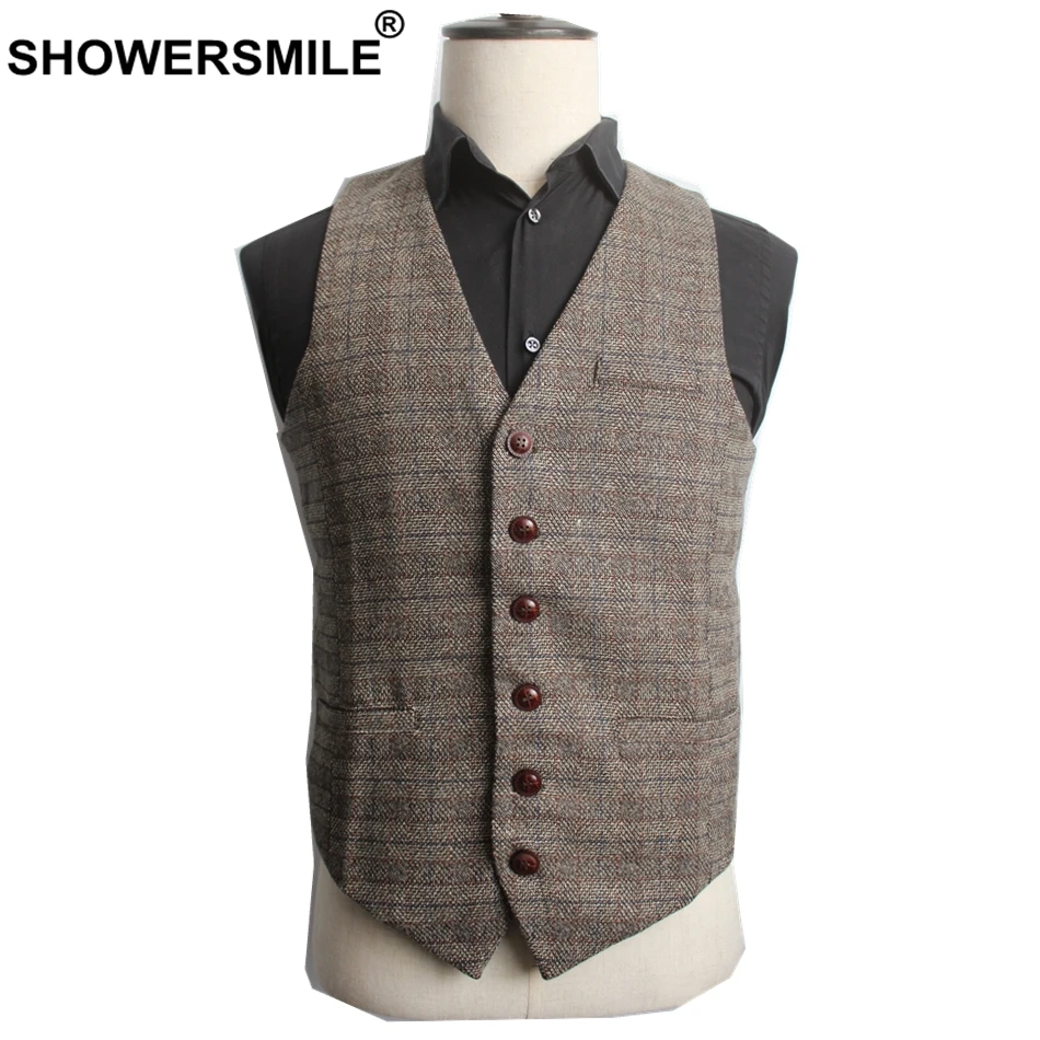 

SHOWERSMILE Autumn Brown Suit Vest Men Woolen British Style Tweed Slim Fit Waistcoat Button Dress Vest Male 4XL Gilet Jacket