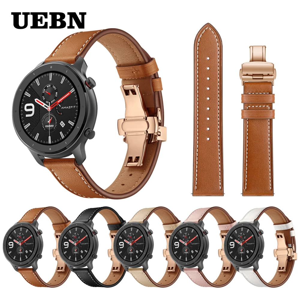 Ремешок UEBN для часов Xiaomi huami amazfit GTR 42 47 мм кожаный браслет с застежкой бабочкой