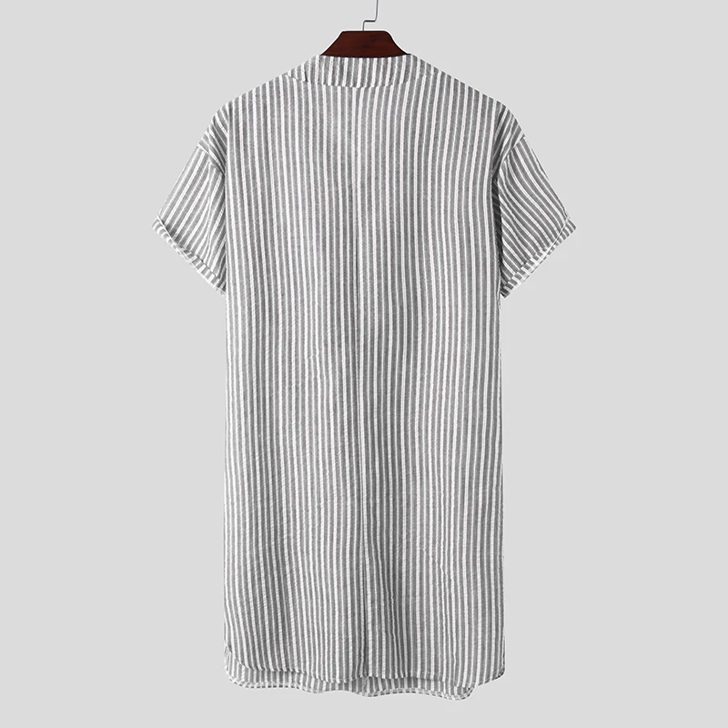 Leisure Striped Homewear Mens Cotton Sleepwear Summer Short Sleeve V Neck Nightgown Breathable Night Dress Shirts INCERUN S-5XL