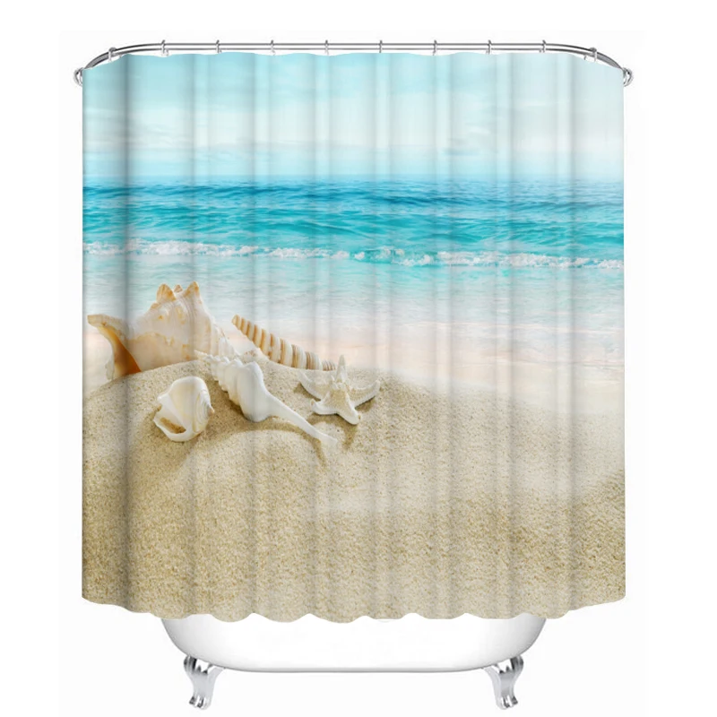 New Starfish Shell Bathroom Curtain Summer Shower Curtains Sets Non Slip Beach Style Pattern Toilet Polyester Cover Mat Set | Дом и сад