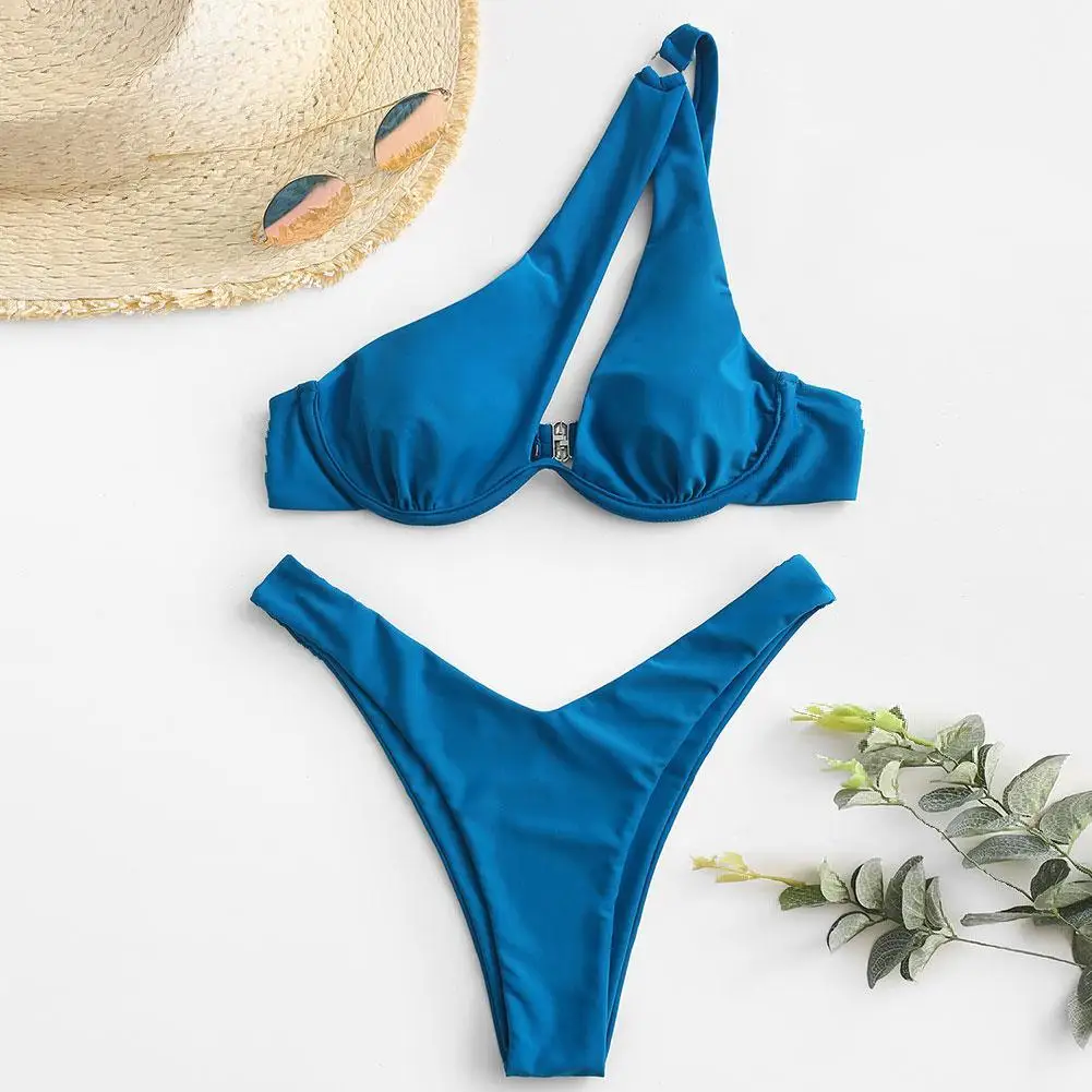 

Sexy Color Swimsuit Female Patchwork Swimwear Women Brazilian 2020 Bikini One Bathing Shoulder Bikinis Suit New Set G1O8