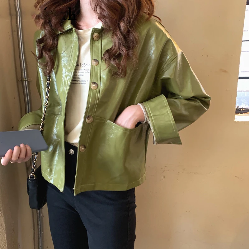

Женская кожаная куртка с карманами, короткая модная верхняя одежда из искусственной кожи, JK1318, Осень-зима 2020