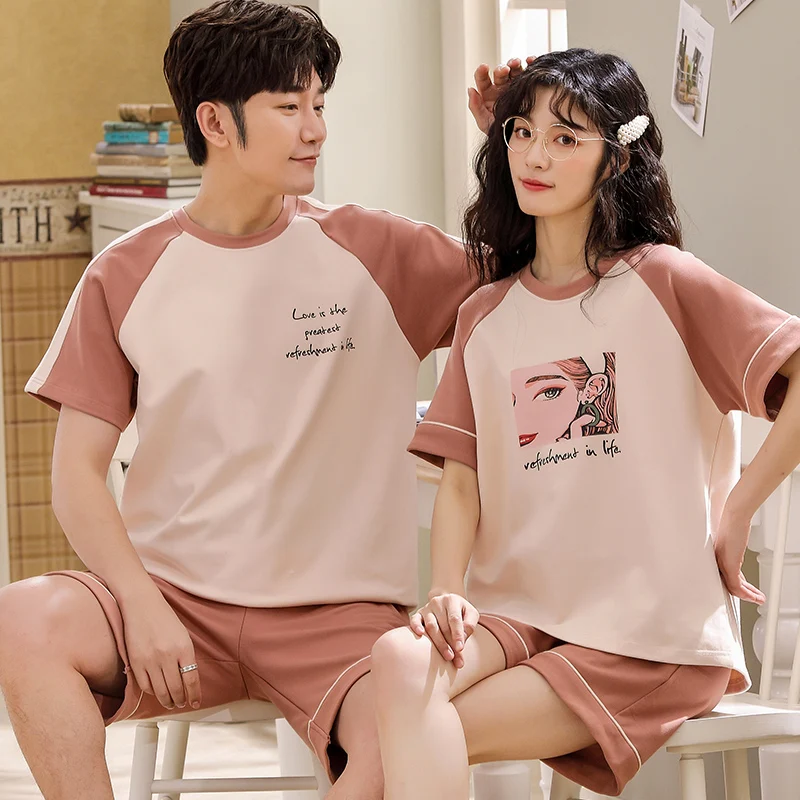 

Summer Cotton Couple Homewear Fashion Patchwork Short Sleeve Men Women Sleepwear Cute Beautiful Girls Print Couple Pajamas Set
