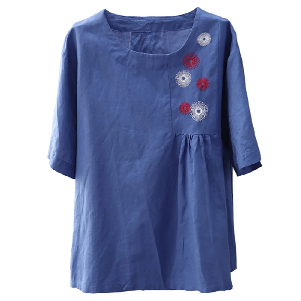 

Plus Size Fashion Retro Print Blouse Shirt Loose O-Neck Tops Tee Casual Summer Ladies Female Women Short Sleeve Blusas Pullover