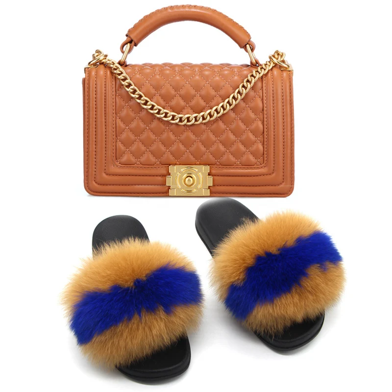

Women Fox Fur Slippers Fluffy Fur Slippers Real Fox Fur Slippers Herringbone Slippers Fashion Rhombus Chain Bag Color Bag Set