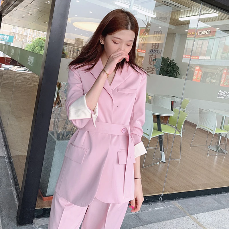 TWOTWINSTYLE Элегантный комплект из двух предметов женский воротник с лацканами длинный рукав на шнуровке хит цвет блейзеры Высокая талия с поясом костюмы женские