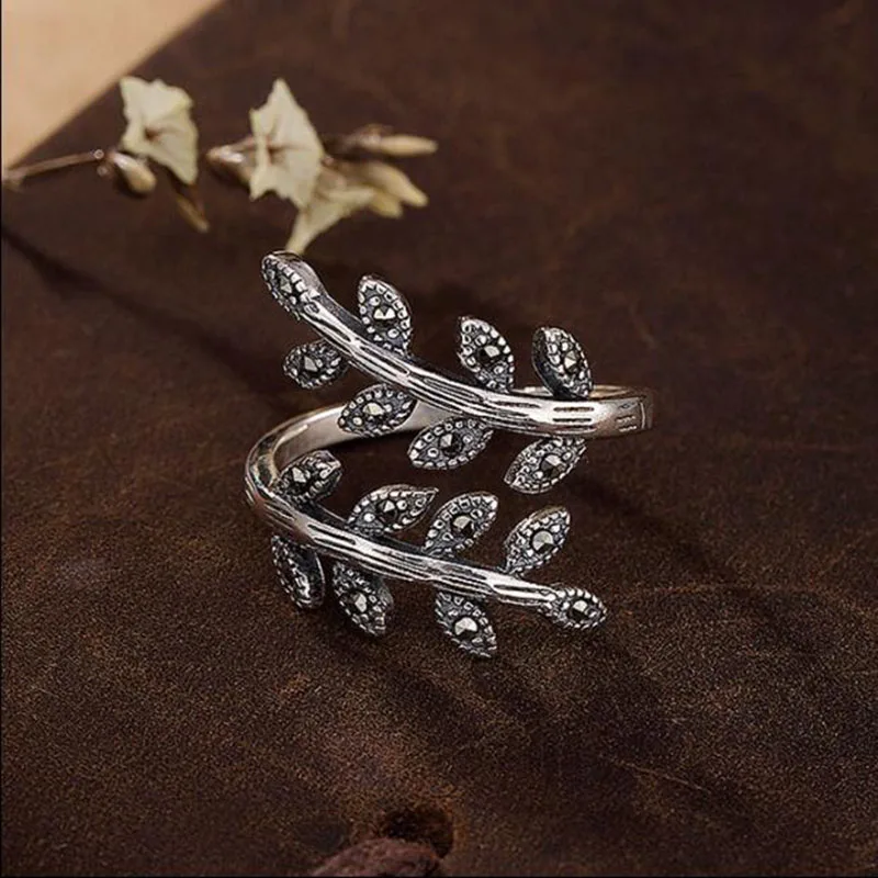 

100% 925 Sterling Silver Pan Ring New Style Glittering Elegant Leaves Retro Fold Ring For Women Wedding Party Fashion Jewelry