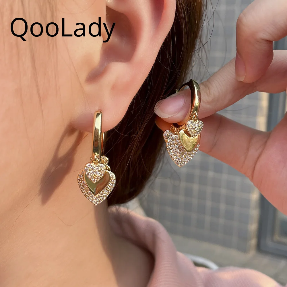 

Женские маленькие серьги-кольца QooLady, серьги золотого цвета в Корейском стиле с кубическим цирконием, в форме сердца, ювелирные украшения в ...