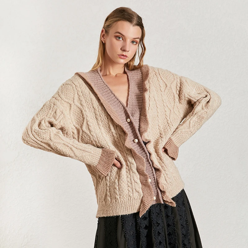 TWOTWINSTYLE Ruffles Patchwork Sweater For Women V Neck Flare Sleeve Cardigans Loose Elegant Sweaters Female Fashion Winter 2020 |