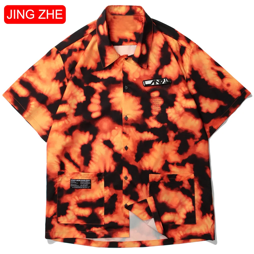 

JING ZHE Summer Hip Hop Shirt Men Baggy Casual Cargo Hit Color Printed Shirts High Street Style Tops Advanced Fashion Streetwear