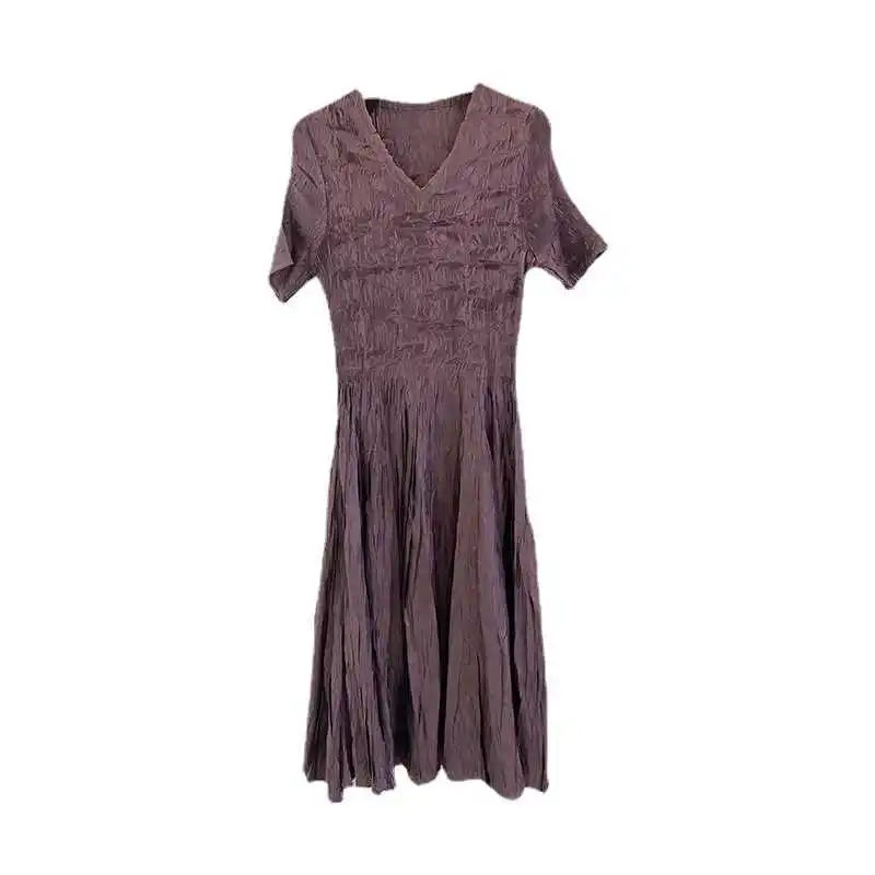 

LANMREM Handmade Pleated Dress For Women 2021 V Neck Patchwork Dresses With High Waist Ladies Elegant Clothing 2D6130