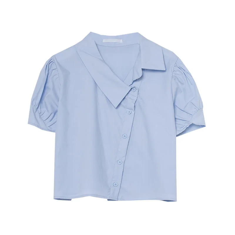 

2021 Summer New Puff Sleeve Light Blue Short Sleeve Shirt Irregular Design Sense Niche Short Top Women