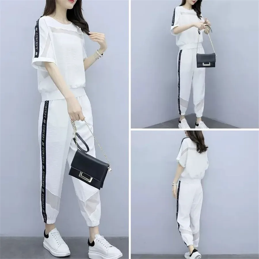 

Threehonlee 2021 Summer Casual Tracksuits Women 2 Piece Set ONeck Tops + Pants New Arrival Short Sleeve Sporting Suits
