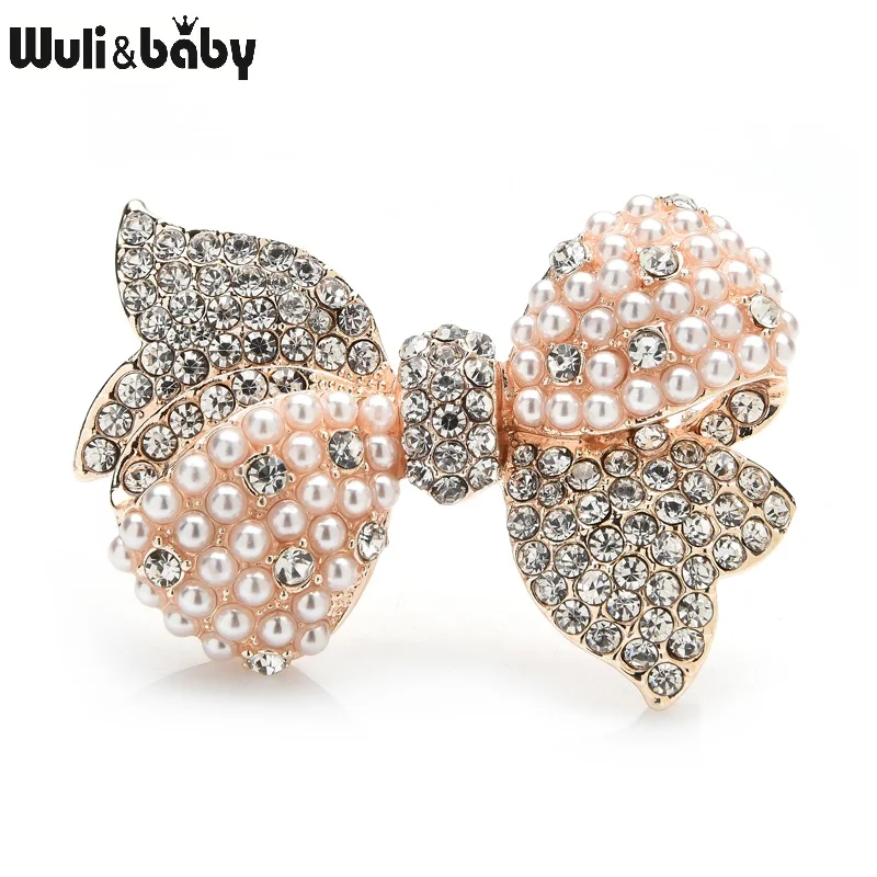 Wuli&baby Sparkling Rhinestone Pearl Bowknot Broocohes For Women Flower Weddings Party Office Brooch Pins Gifts
