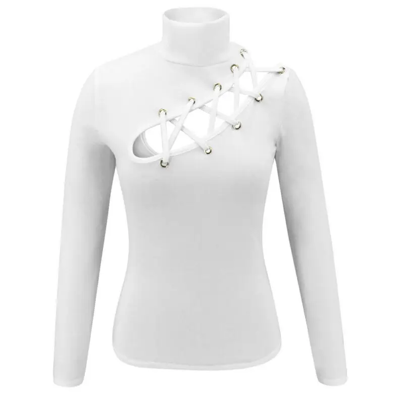 

Womens Hollow Out Slim Fit T Shirt Long Sleeve Shirt Casual High Neck T-Shirt Tees Tops Black White T Shirt