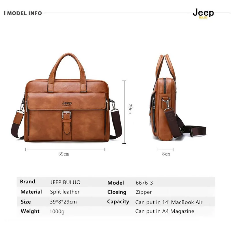 JEEP BULUO Famous Brand Business Briefcase Bag2pcs/set Split Leather Shoulder Bag Men office Bags For 13 inch Laptop A4 Causel