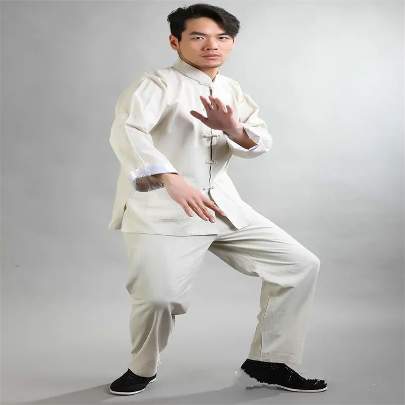 Мужской костюм Тан из хлопка и льна с длинным рукавом мужская тренировочная