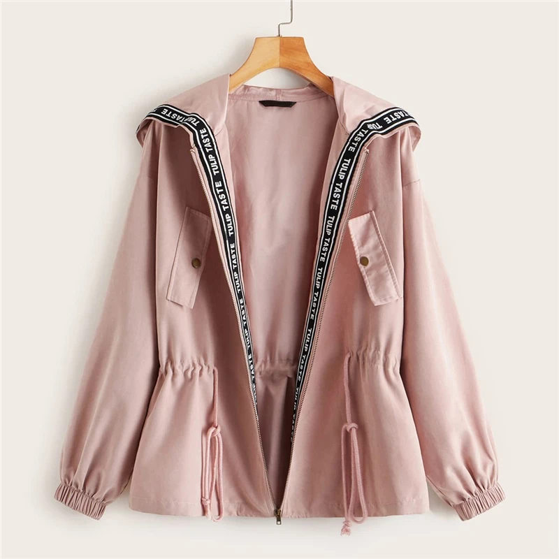 Dotfashion, повседневная женская куртка с капюшоном и завязками на талии, осень, с буквенным принтом, Лоскутная Верхняя одежда, женские куртки на молнии
