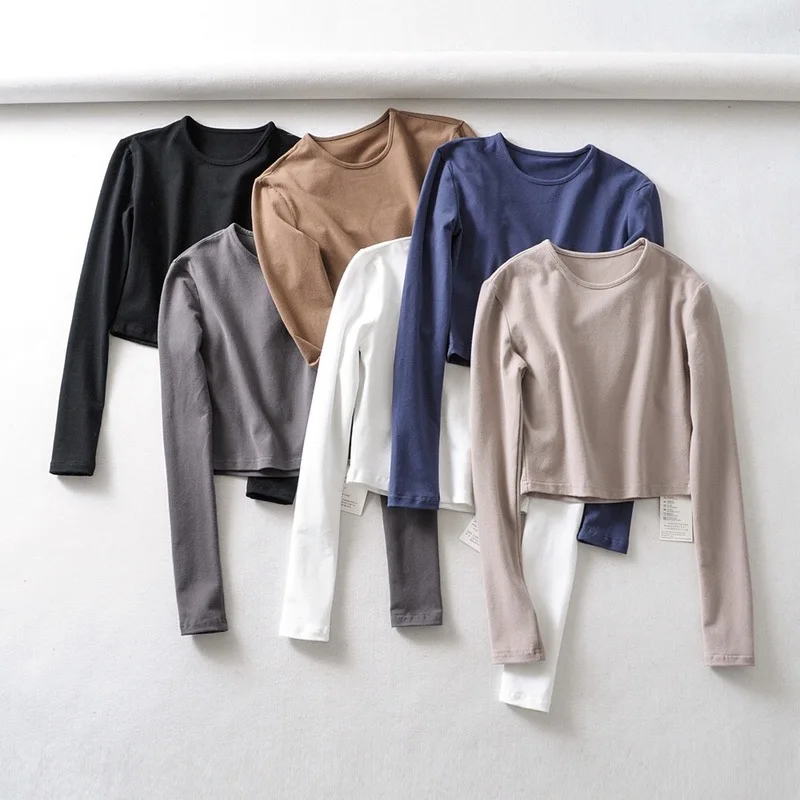 Женская футболка с круглым вырезом короткая тонкая Однотонная длинными рукавами