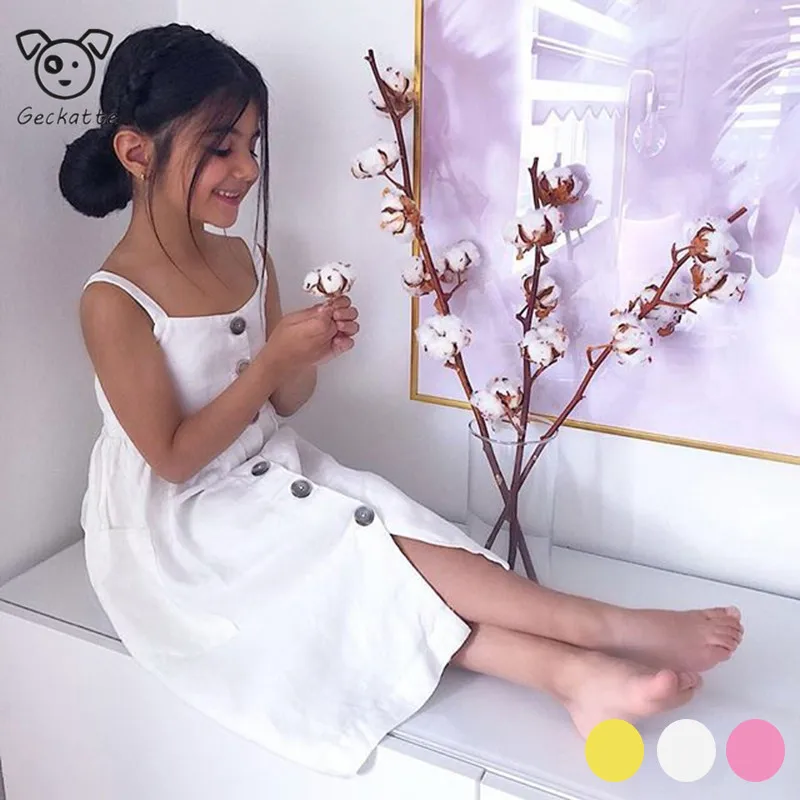 Geckatte New Baby Girl Clothes Kids Dresses For Girls Summer Dress Solid Buttom Toddler Princess | Детская одежда и обувь