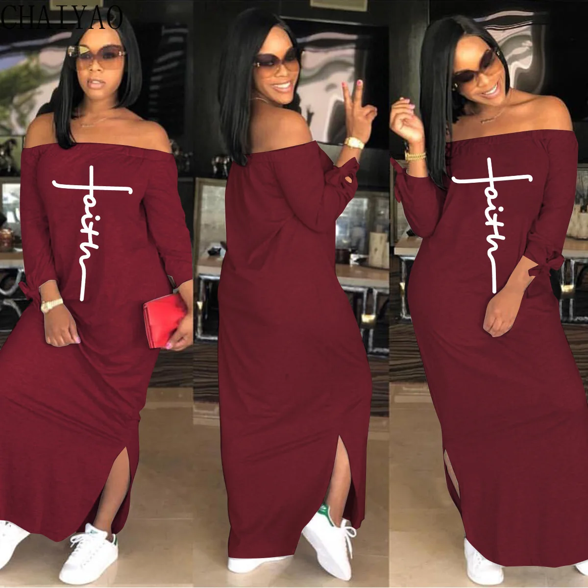 

Wholesale Items Summer Women Fashion Casual Loose Printed Solid Color One-way Neck Dress with Slits on Both Sides