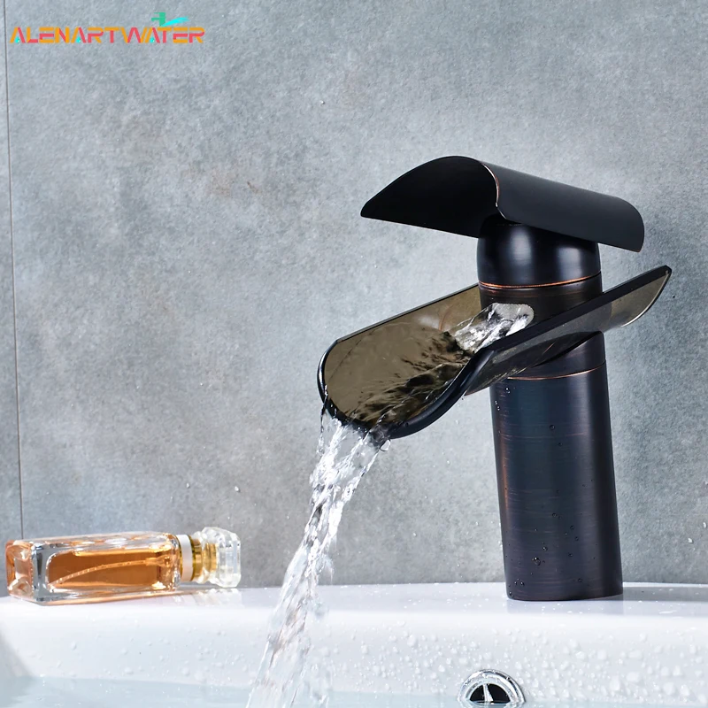 

Bathroom Sink Basin Faucet Deck Mounted Single Handle Waterfall Glass Spout Hot and Cold Water Mixer Countertop Tap