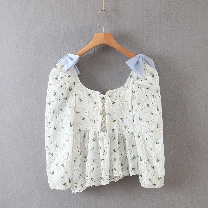 

Vintage summer women tops and blouses puff sleeve square collar backless hollow out embroidery lace shirt ladies vestidos