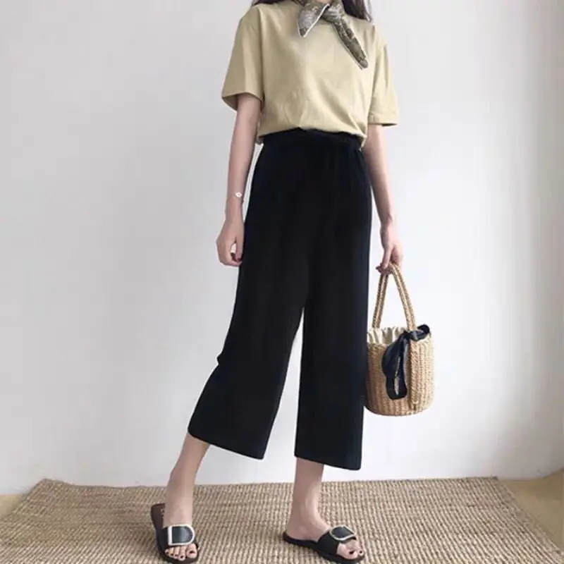 

Cusual Pants Women Spring Summer Ankle-length Loose Wide Leg Elastic High Waist Oversize Black Simple Comfortable Elegant Ladies