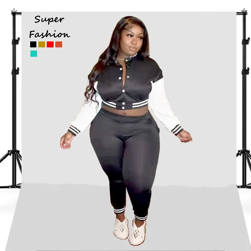 

XL-5XL Plus Size Sets Sport Sexy 2 Two Piece Outfits Women Baseball Patchwork Stripe Winter Long Sleeve Wholesale Dropshipping