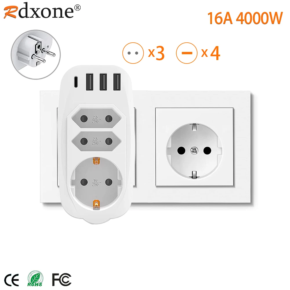 

16A EU Plug Power Strip Adapter Wall Socket With USB EU Type Conversion AC Plug 1 TO 3 Way EU Standard Power Plug Socket