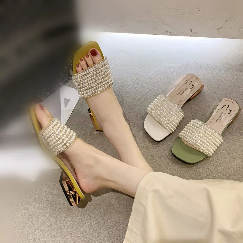 

Shoes Med Slippers Casual String Bead Square heel Slipers Women Slides Luxury Block 2021 Fashion Rubber Rome Fabric PU Hoof