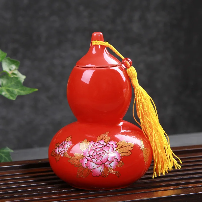 T Red Peony Cucurbit Tea Caddy Ceramic Tea Box Gift Tea Leaf Packing Box Coffee Bean Sealed Canister Pills Face Powder Storage Jar - Цвет: T Red Peony