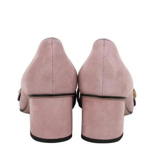 

Leather 2020 Blac Heeled Loafer-Style Pump Women Pointed Toe Chunky Heels Elegant Ladies Shoes Shallow Woman Metal Buckle Pumps