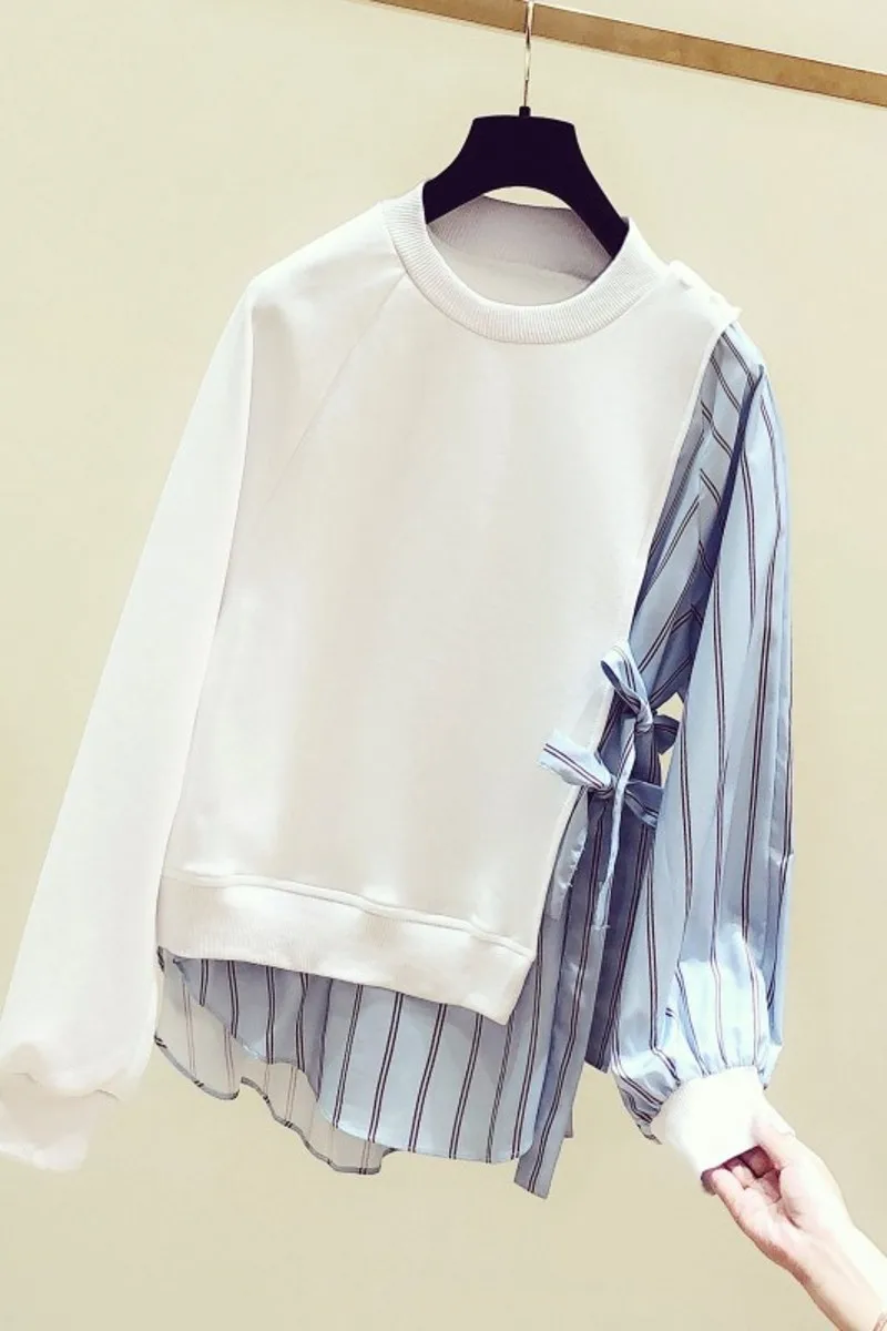

Fake Two-piece Blouse Women 2020 New Autumn O Neck Color Block Striped Long Sleeve Shirts Casual Students Sweatshirts