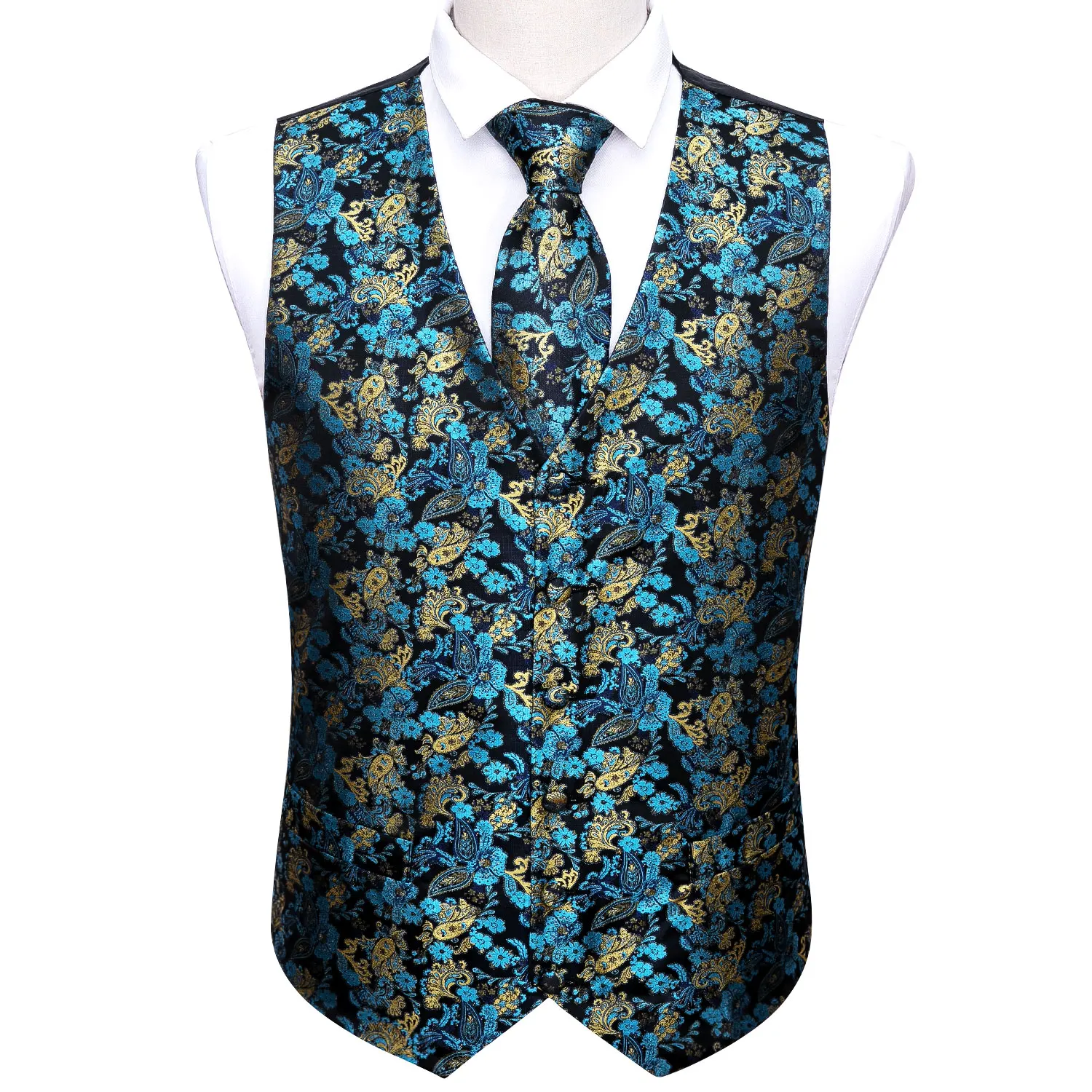 

Men Teal Waistcoat Blue Silk Vest For Men Jacquard Paisley Tie Hanky 4PC Set Formal Business Party Male Jacket Barry.Wang Design
