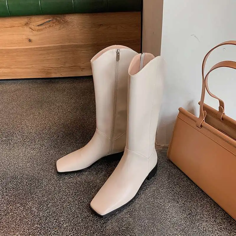 

Vichelo Hot cow leather square toe med heel winter shoes three colors young lady streetwear classic style knee-high boots L99