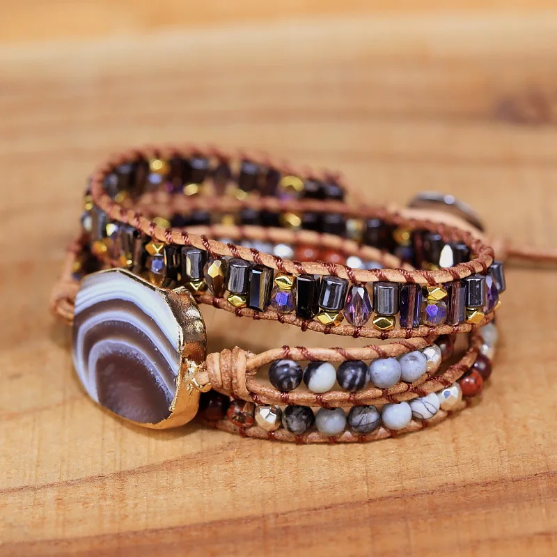 Striped Agate Conformal Retro Bracelet Men and Women Natural Stone Woven Bracelet Boho Wrap  Charm Bracelets for Women