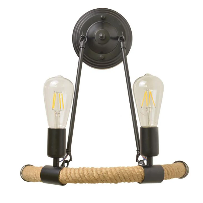 

Настенное бра из пеньковой веревки, винтажный металлический настенный светильник черного цвета, подвесное освещение с 2 осветсветильник ными основаниями для спальни, гостиной, кабинета