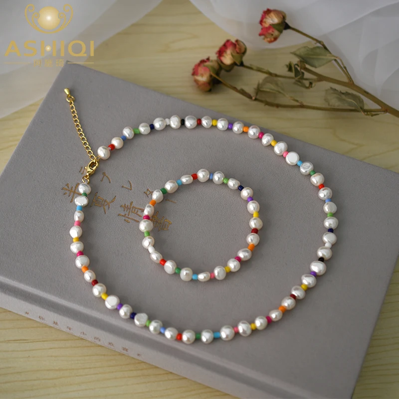 

ASHIQI Natural Baroque Pearl Jewelry Sets 7-8mm Real Freshwater Necklace Bracelet for Women Colorful Beads New Arrival