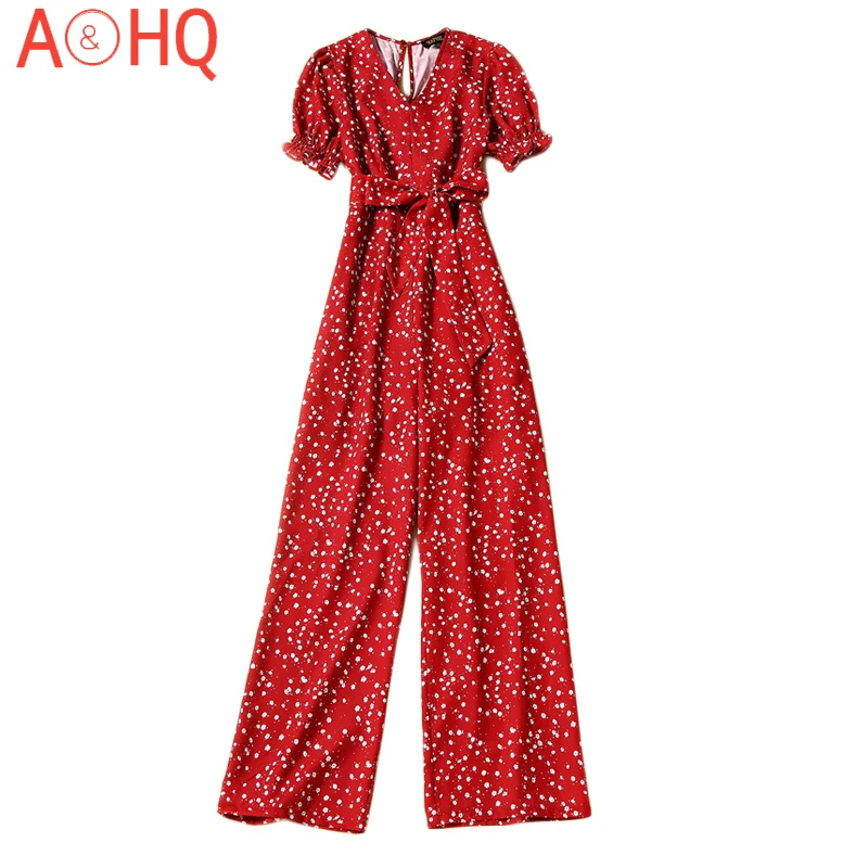 Rompers Summer High Quality New Fashion Women'S Office Party Elegant Vintage Floral Casual V-Neck Belt Trousers Jumpsuits