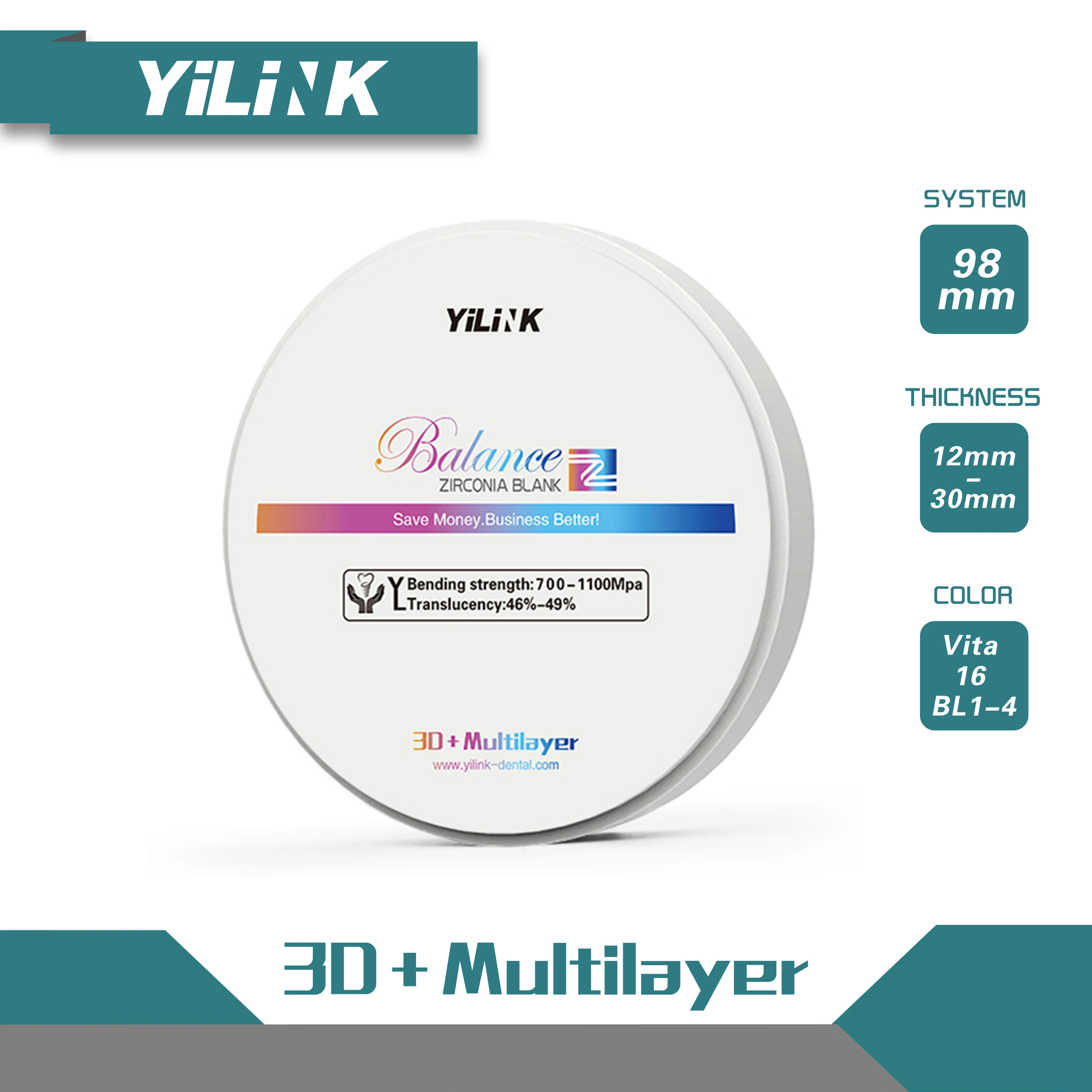 

Yilink 3D Pro Multilayer Zirconium Blocks Open System Thickness 18 MM Vita 16 Colors for Dental Lab CAD/CAM