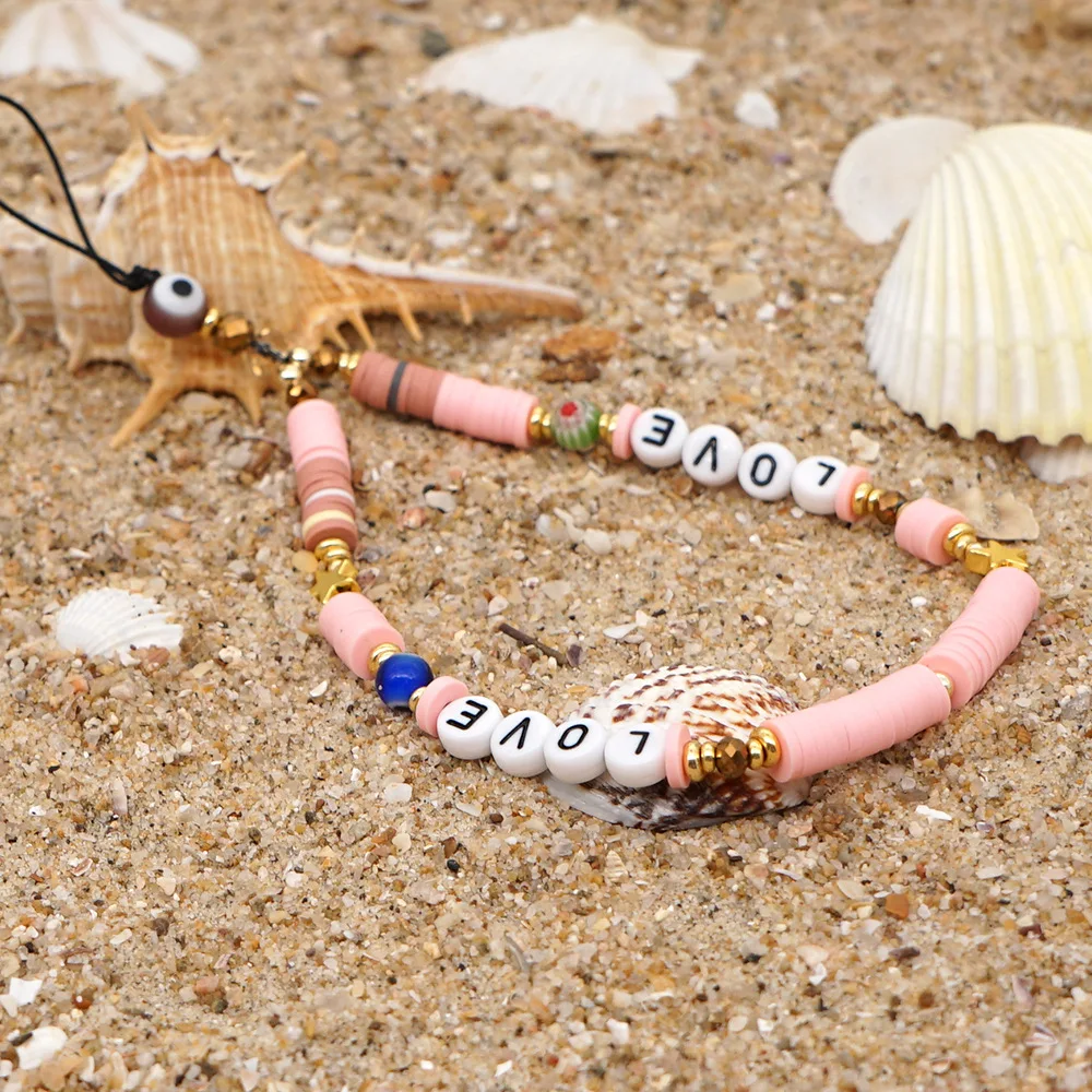 

New 6mm Soft Pottery Mobile Phone Rope Bracelet Bohemian Ethnic Style Letter Cell Phone Chain Holder Strap Lanyard
