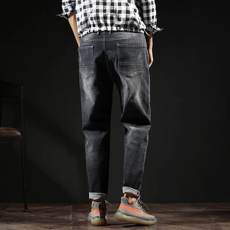 Япония стиль свободный крой Твердые Джинсовые брюки-кросс для мужчин весна осень