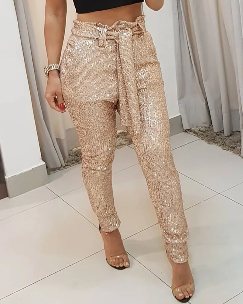 Блестящие блестящие длинные брюки с запахом на талии женские широкие карандаш