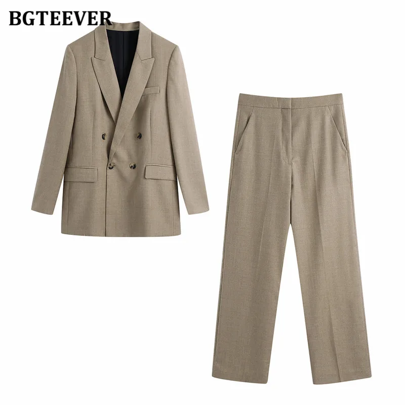 

Модный Свободный винтажный Женский блейзер BGTEEVER, двубортный жакет, прямые брюки, элегантные женские брючные костюмы, осень 2021