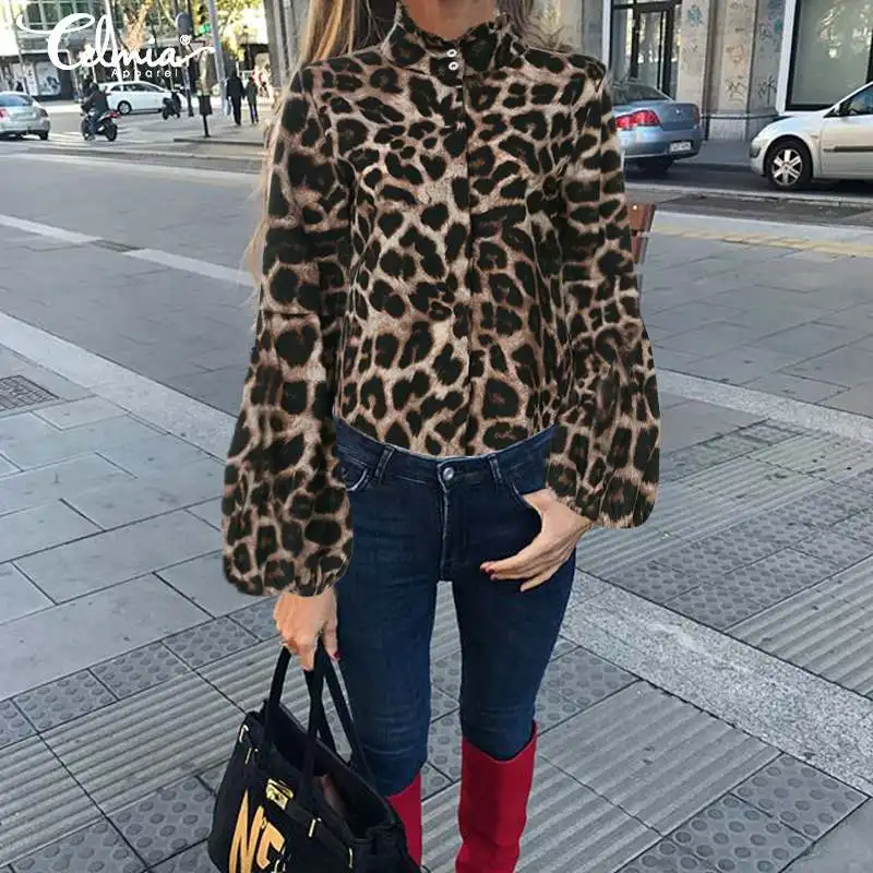 

Celmia 2021 Fashion Leopard Printed Shirts Women Stylish Lantern Sleeve Blouses Streetwear Tunic Tops Casual High Collar Blusas